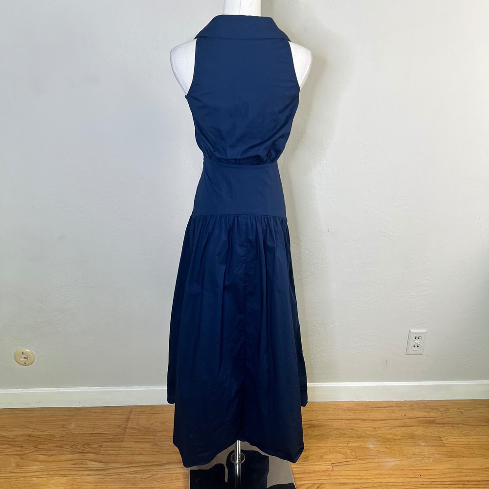 STAUD Romy Dress Navy Blue Sleeveless Cotton Poplin Drop Waist Maxi Size 00 - Picture 4 of 10